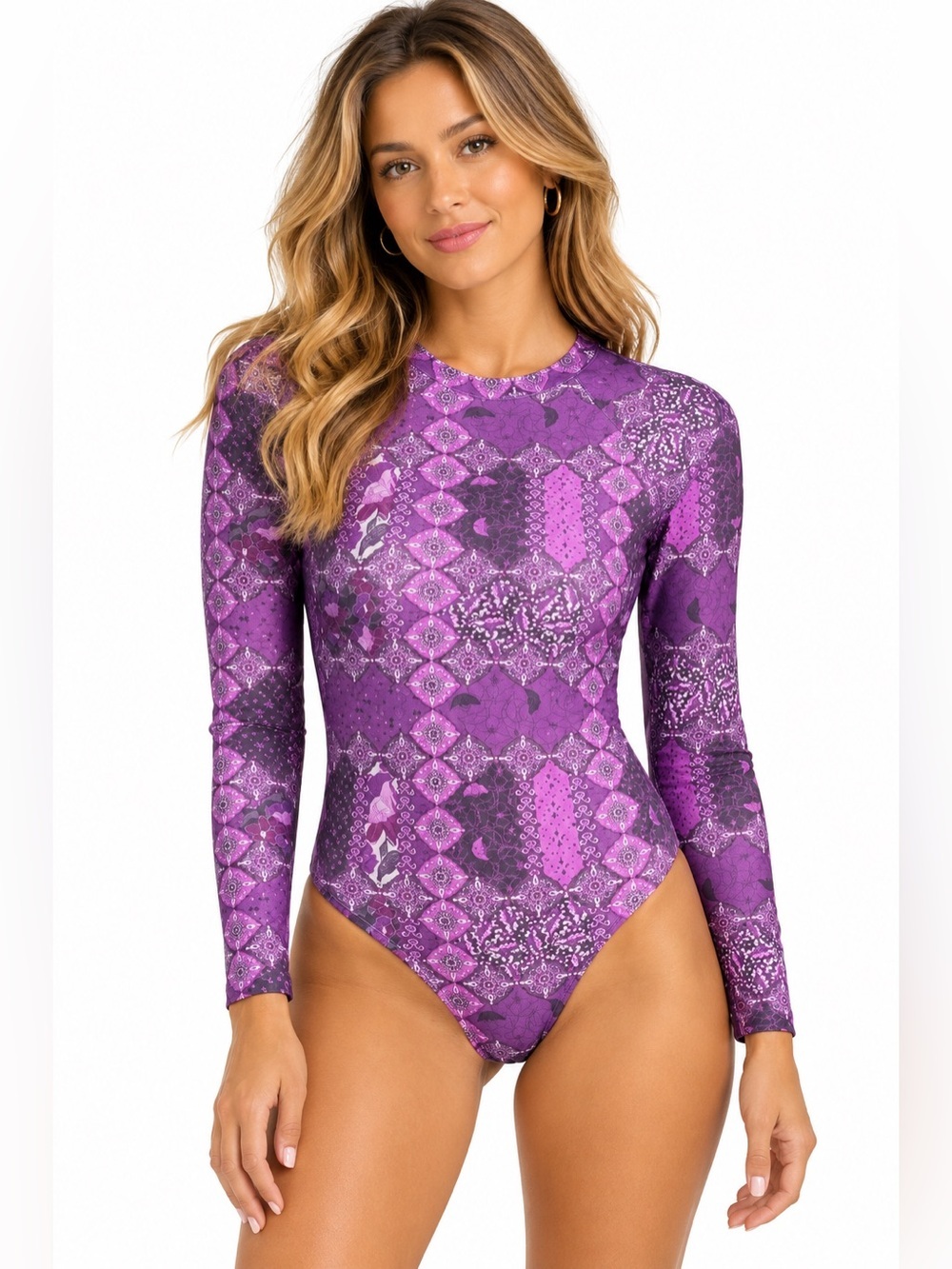 RUSTY Swim One Piece Long Sleeve Surf Suit Size L NEW Purple Floral